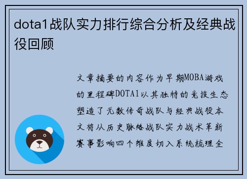 dota1战队实力排行综合分析及经典战役回顾