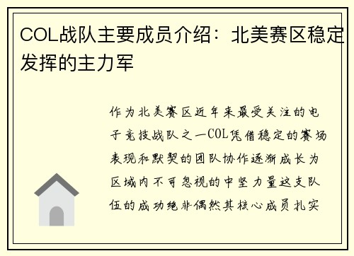 COL战队主要成员介绍：北美赛区稳定发挥的主力军